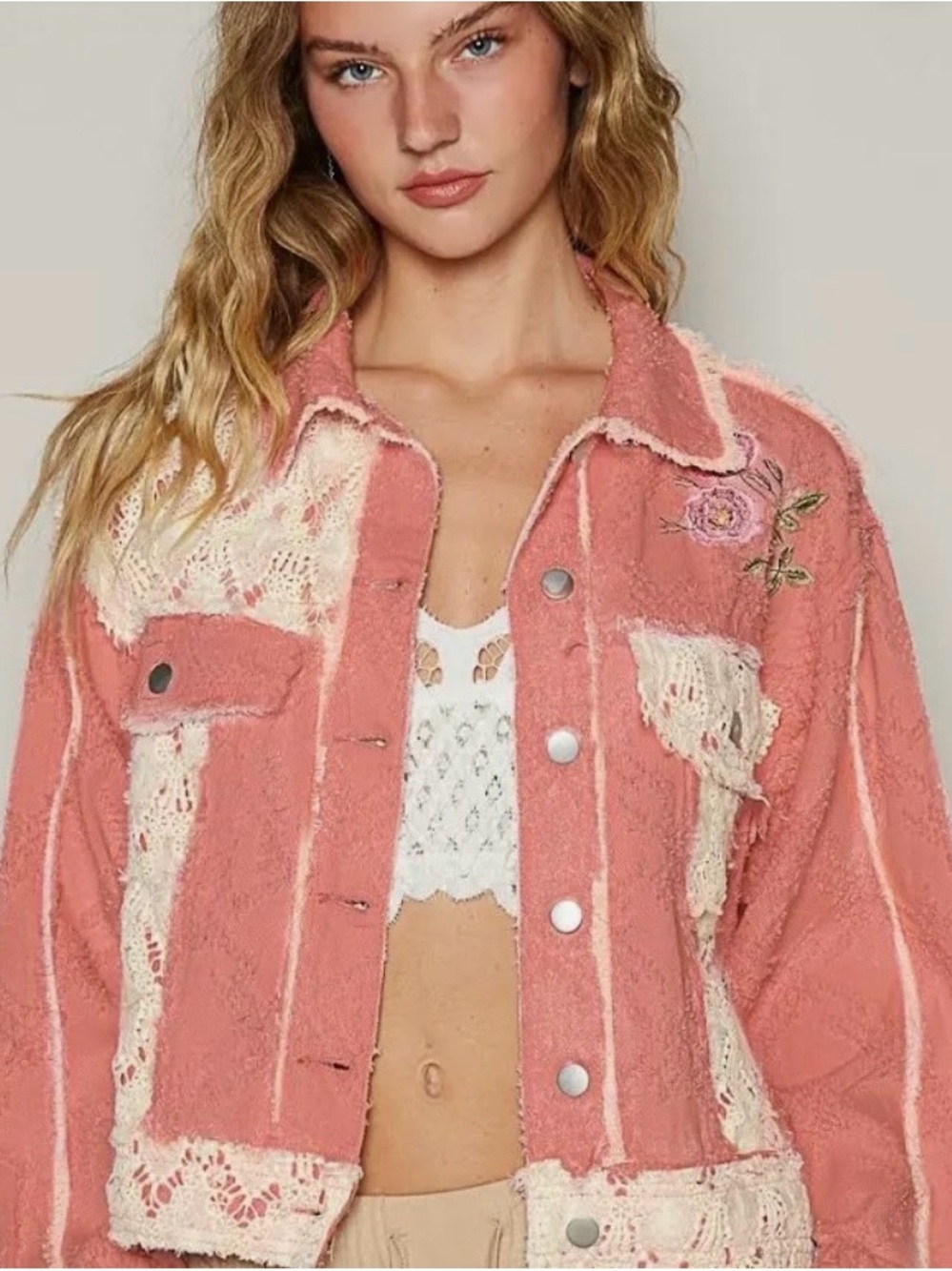 POL Patchwork Lace-Trim floral Jacket